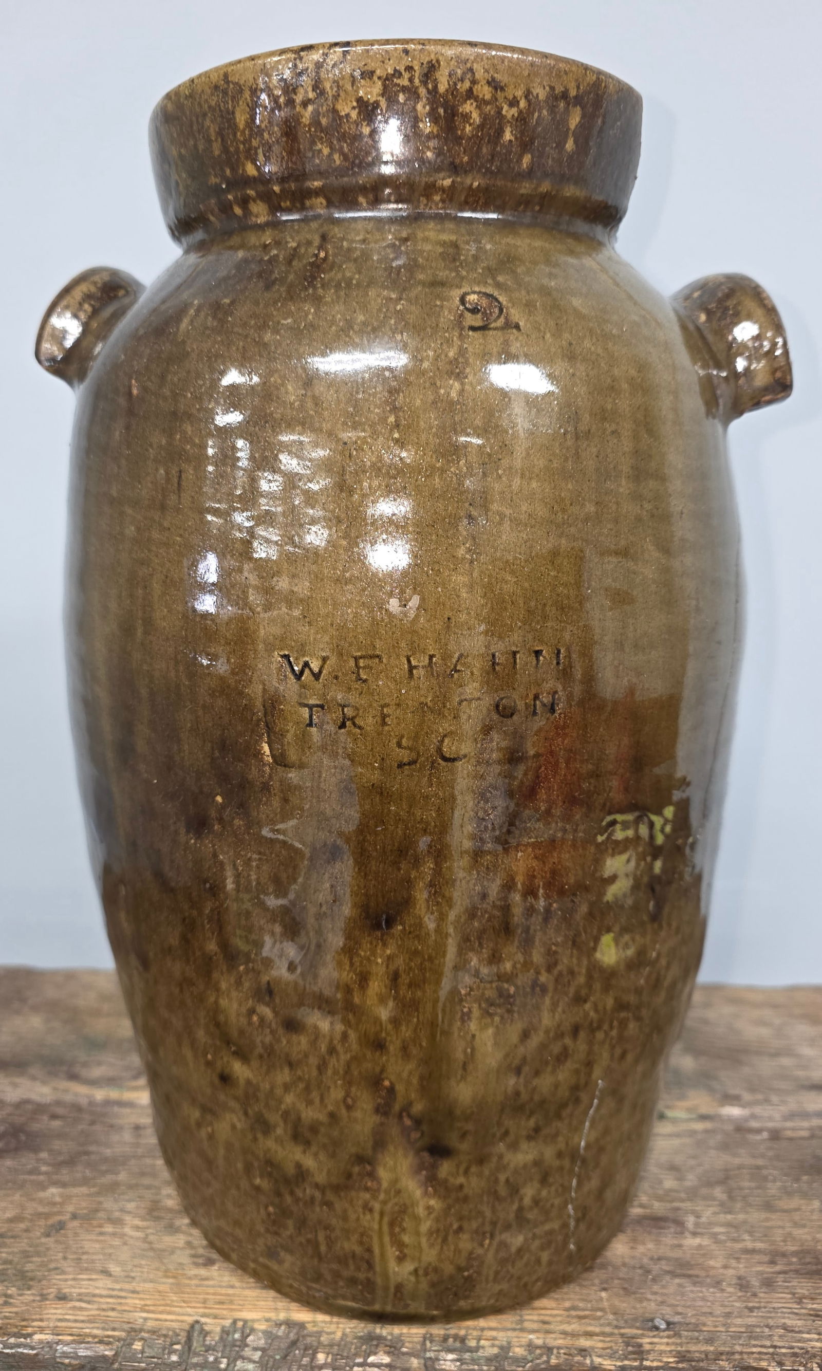 Signed W. F. Hahn 2 Gallon Edgefield SC Churn: Signed W. F. Hahn 2 Gallon Edgefield SC Churn with a stellar glaze. This is a prime candidate for restoration. Has a stabilized crack and a restored rim that has broken off and is inside the jar. Stan