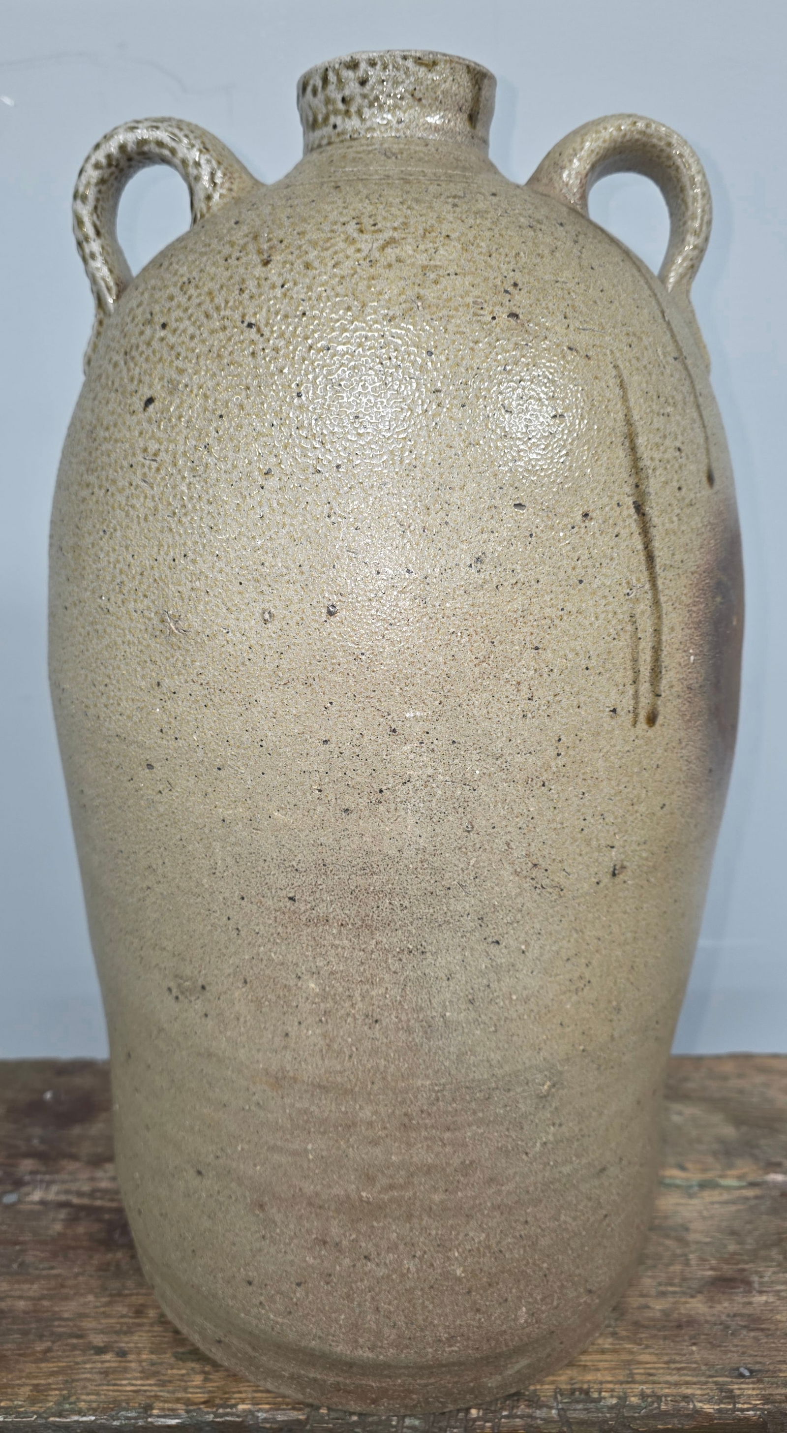 Pittman Bros. Randolph County Alabama Syrup Jar: Great example of a Rock Mills Alabama Pittman Brothers 5-gallon Syrup jar with a heavy salt glaze that has a textured feel noted as orange peel. Very nice example with the loop handles and very nice g