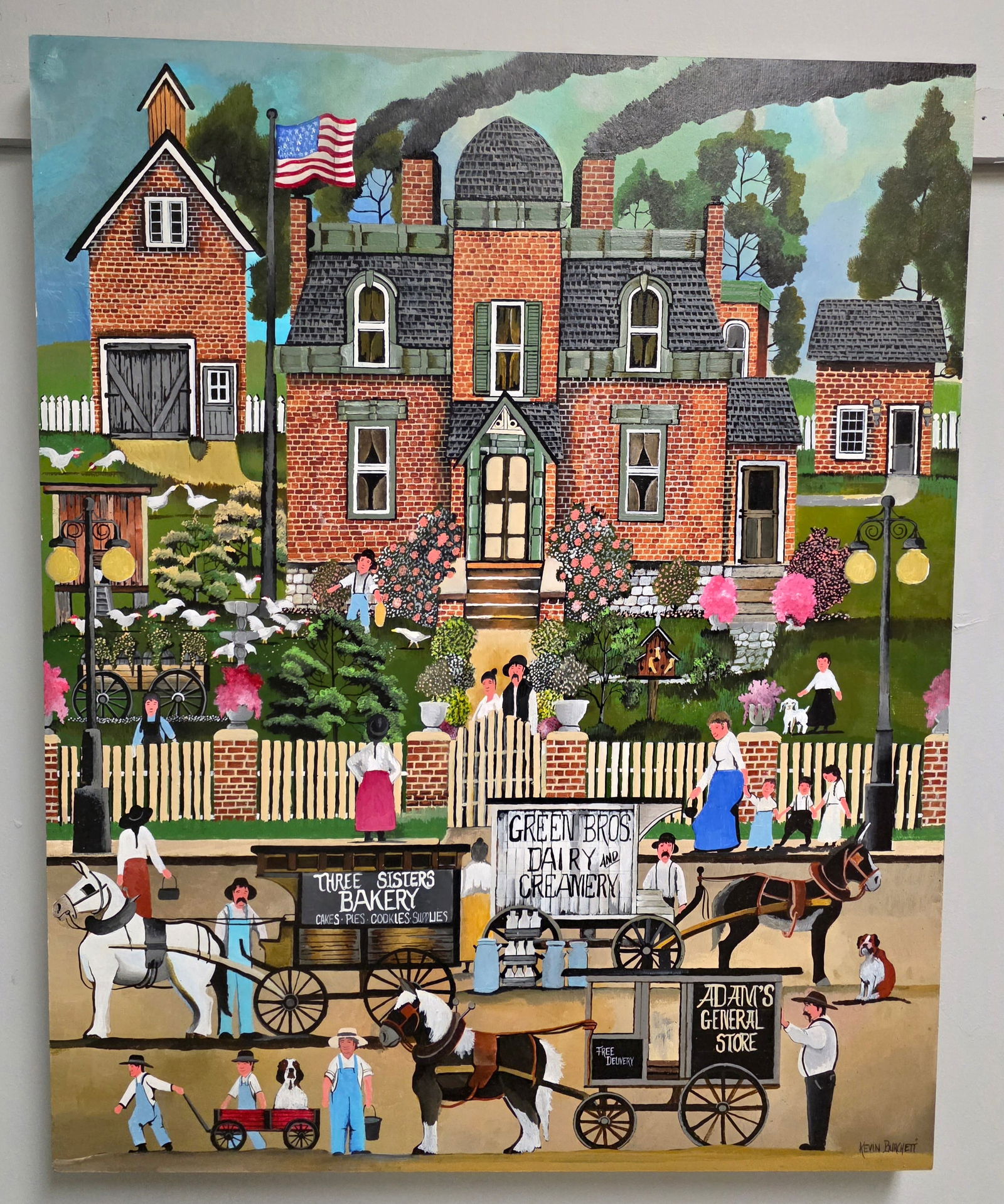 Fine Kevin Burchett Folk Art Painting: Fine Kevin Burchett Folk Art Painting with outstanding detail and workmanship, he is a master of self taught art and this folk art painting is a museum quality piece in the Charles Wysocki style of Fo