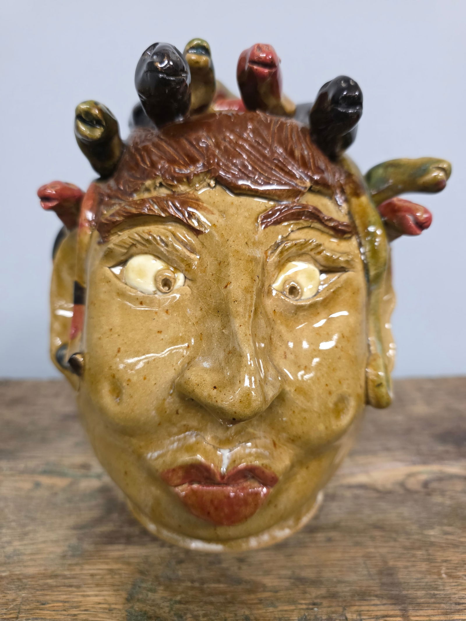 Rare Crystal King "Medusa" Face Figural: Rare Crystal King "Medusa" Face Figural, Seagrove North Carolina in collector grade condition. Standing: 7 1/2" Tall