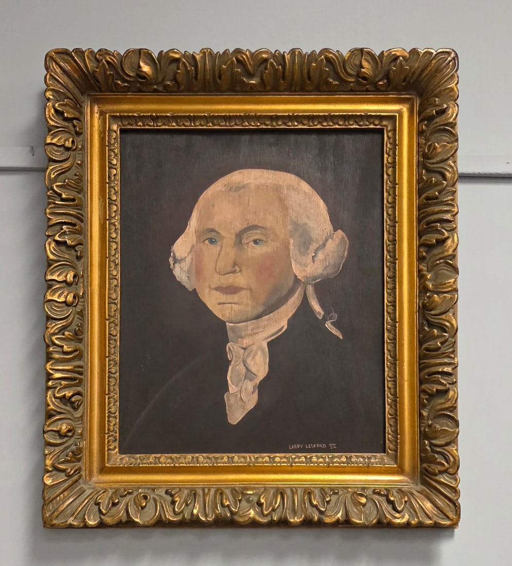 Larry Ledford Painting of George Washington: Fine Larry Ledford Folk Art Painting of George Washington. One of Georgia's fine folk artists, his works are highly sought after and just amazing. Collector grade condition and in antique frame from t