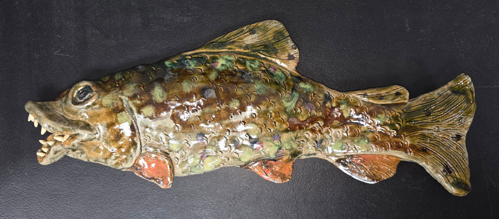 2003 Jo Flowers Brook Trout Folk Pottery Figural: 2003 Jo Flowers Brook Trout Folk Pottery Figural in collector grade condition, no damage. Signed and dated. Size: 16 1/2" Long