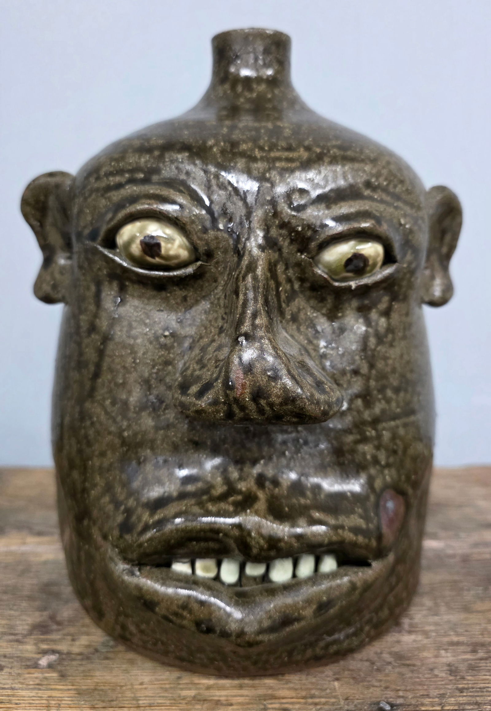 David Meaders Folk Pottery Face Jug: David Meaders Folk Pottery Face Jug, This face jug has really folky facial features and is an overall very good condition with no chips for repairs, this example has a firing crack in the base, no