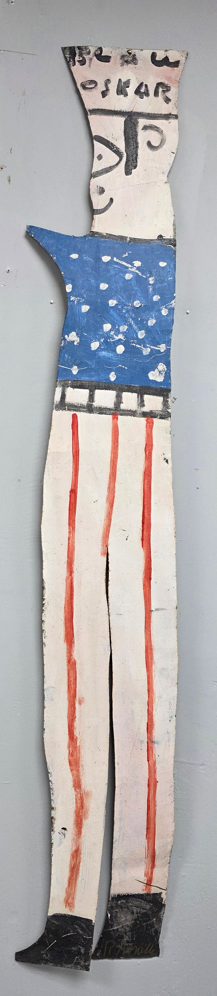 Rare RA Miller Blow Oscar Folkl Art Tin Cut Out: Rare RA Miller "Blow Oscar" Folkl Art Tin Cut Out in original condition very good paint on cut tin condition, signed on base. Life Size: 58" Tall x 9" Wide