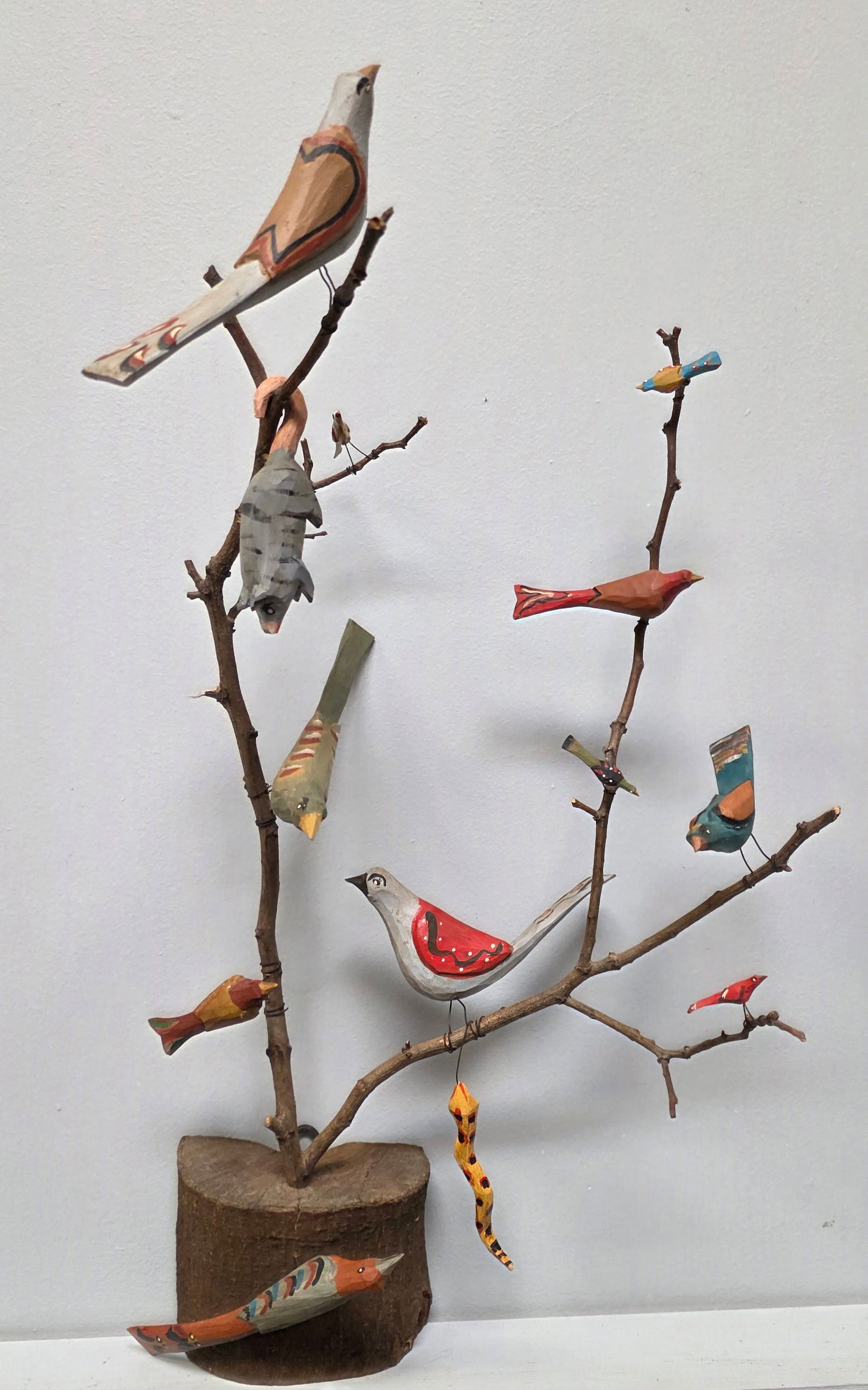 Signed Daniel Strawser Folk Art Carved Bird Tree: Outstanding Signed Daniel Strawser Hand Carved Pennsylvania Folk Art Bird Tree that is just outstanding and has stellar details with opossum hanging in the tree. Signed and a collector grade