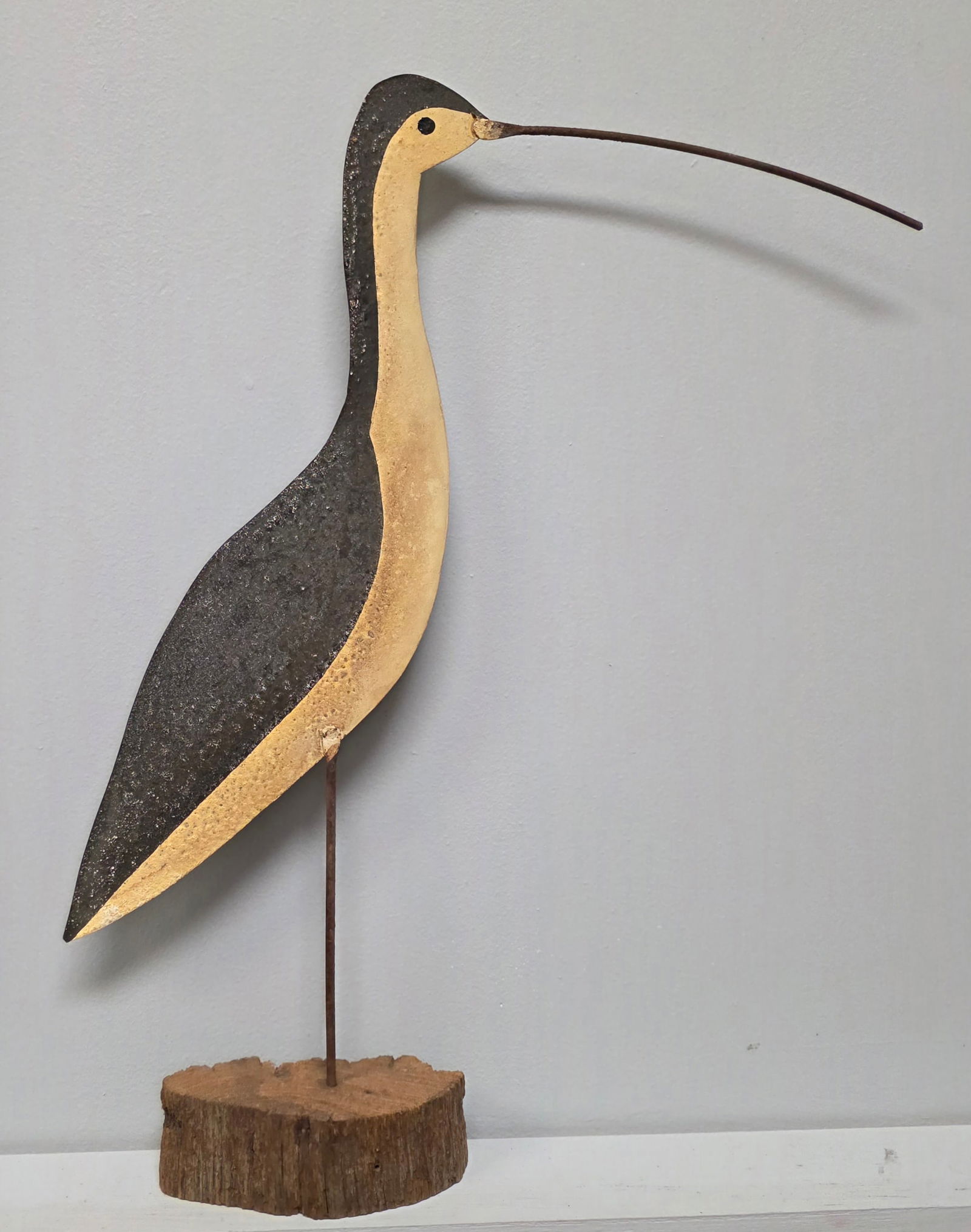 Richard Morgan Folk Art Sand Piper Bird Figure: Great signed Richard Morgan (Metal-Tin) Folk Art Sand Piper Bird Figure in collector grade condition. Standing: 18 3/8" Tall x 16" Wide With Beak.