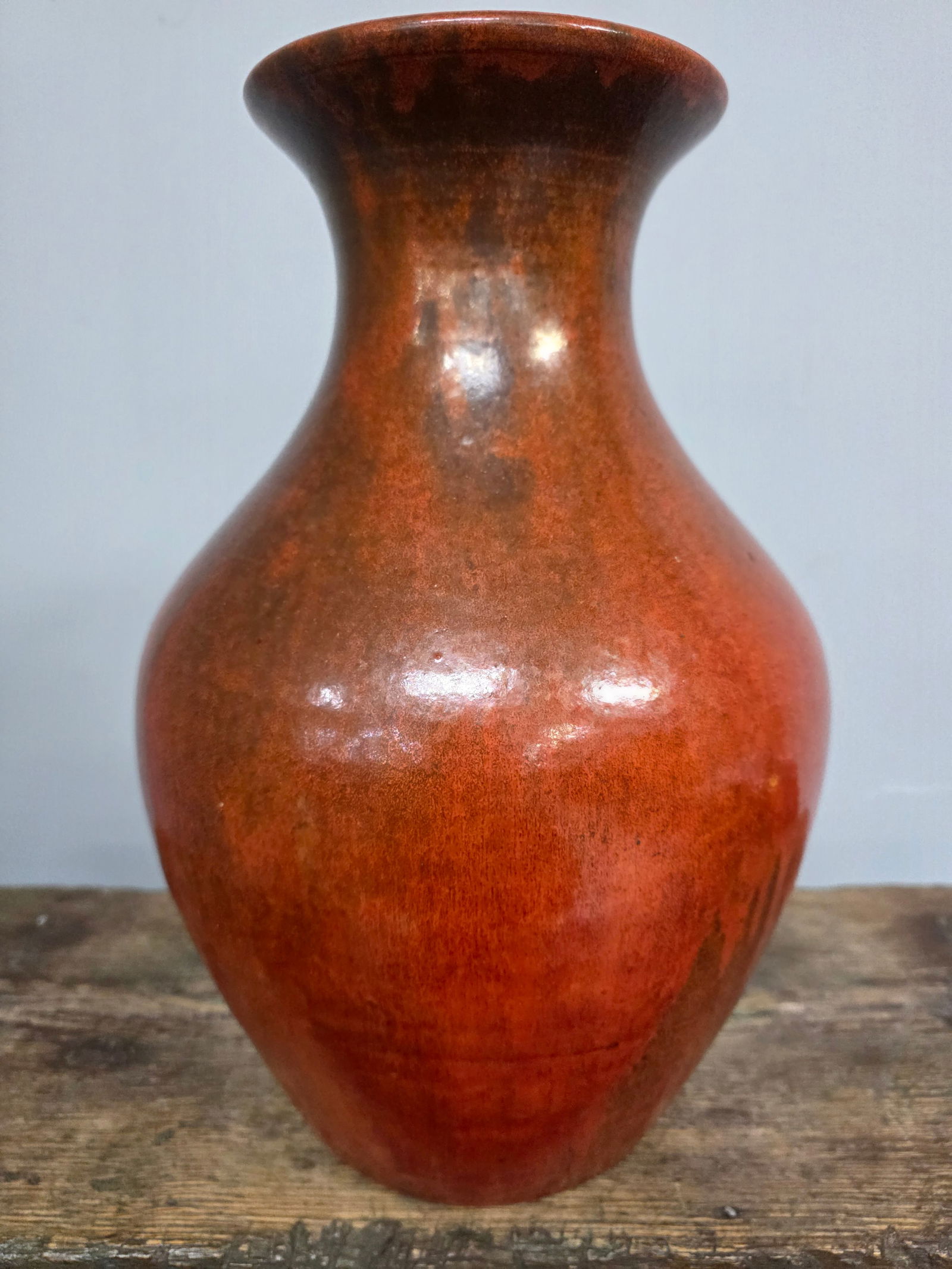 1920-40s AR Cole Chrome Red Glazed Vase: Stuning 1920-40s AR Cole Shop Chrome Red Glazed Vase in collector grade condition with a few insignificant glaze voids. No chips, cracks or repairs. Standing: 14" Tall
