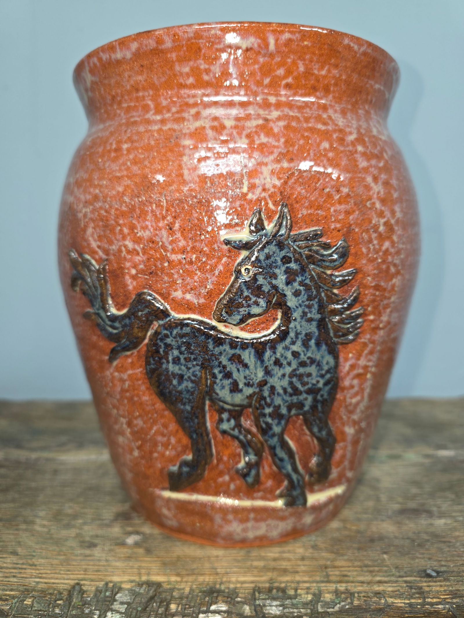 Yardbird Mustang Decorated Folk Pottery Vase: Sigend Yardbird Mustang Decorated Folk Pottery Vase, no damage. Standing: 8 1/4" Tall