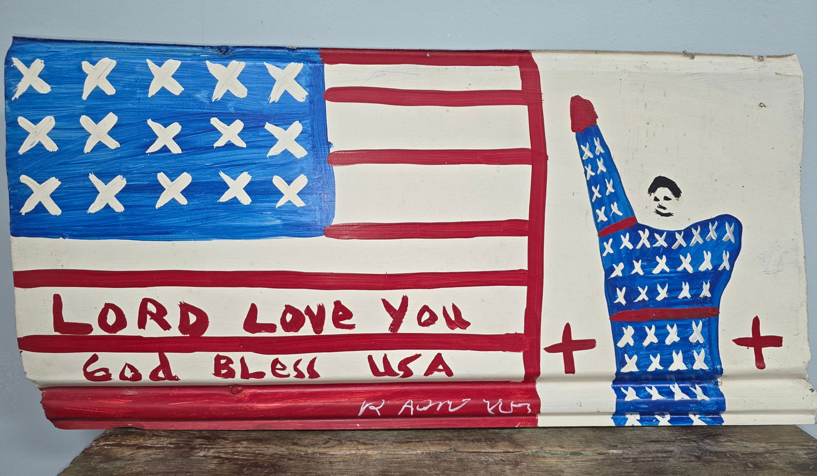 RA Miller Folk Art PAinted American Flag-Liberty: Outstanding RA Miller Folk Art Painted American Flag-Liberty. Paint on found tin. Collector grade condition. Signed. Size: 27 5/8" W x 13 3/8" Tall