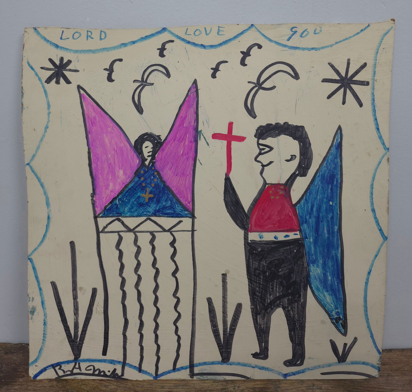 Signed RA Miller Folk Art "Angels" Marker Drawing: Authentic Signed Signed RA Miller Folk Art Marker Drawing on masonite board. Collector grade example and was purchased directly from RA. Private Atlanta, Ga collection. Size: 13 3/4" T x 14" W