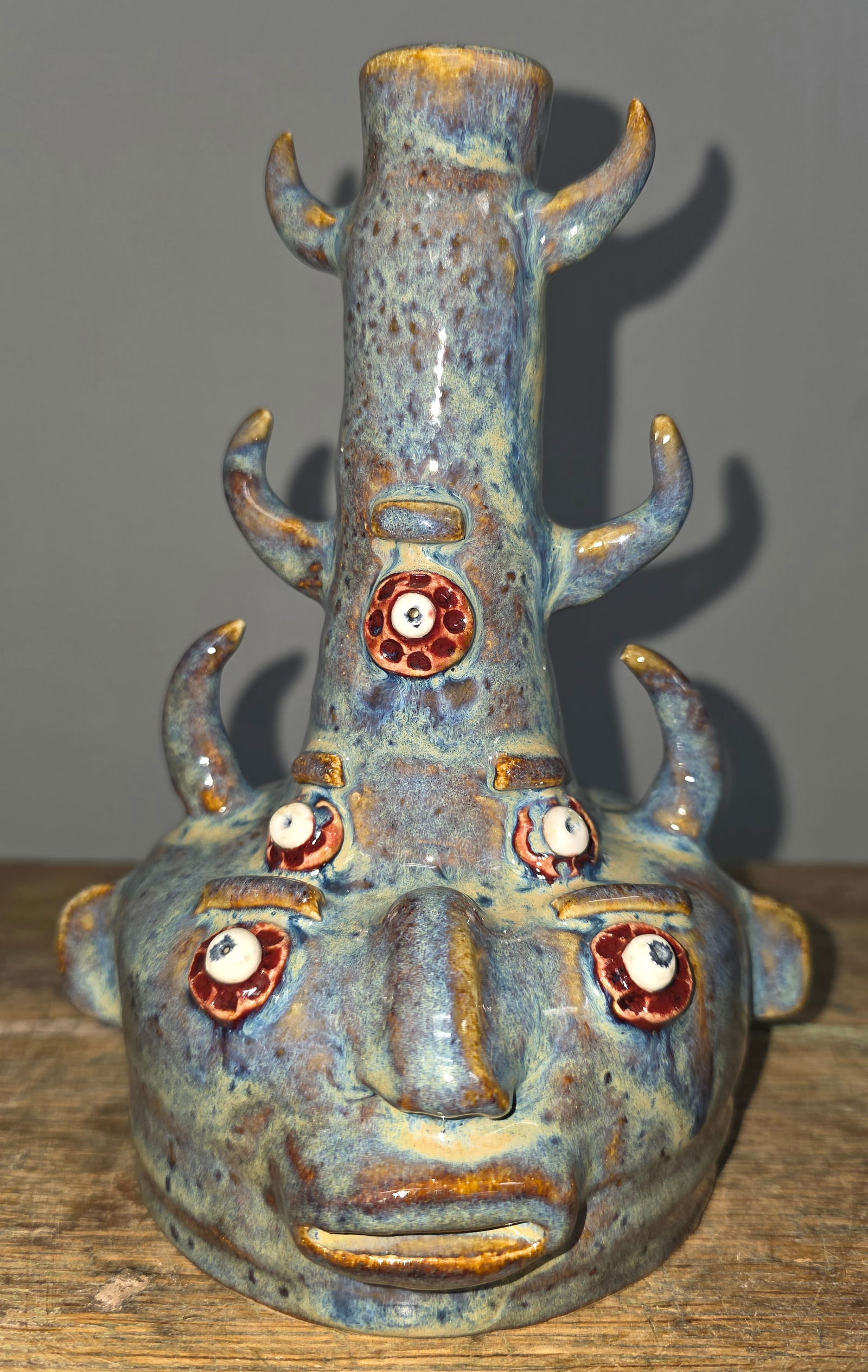 Jackie Apessos Triple Stacked Horned Devil Jug: Jackie Apessos Triple Stacked Horned Devil Jug. Standing 6 3/4 tall with no damage.