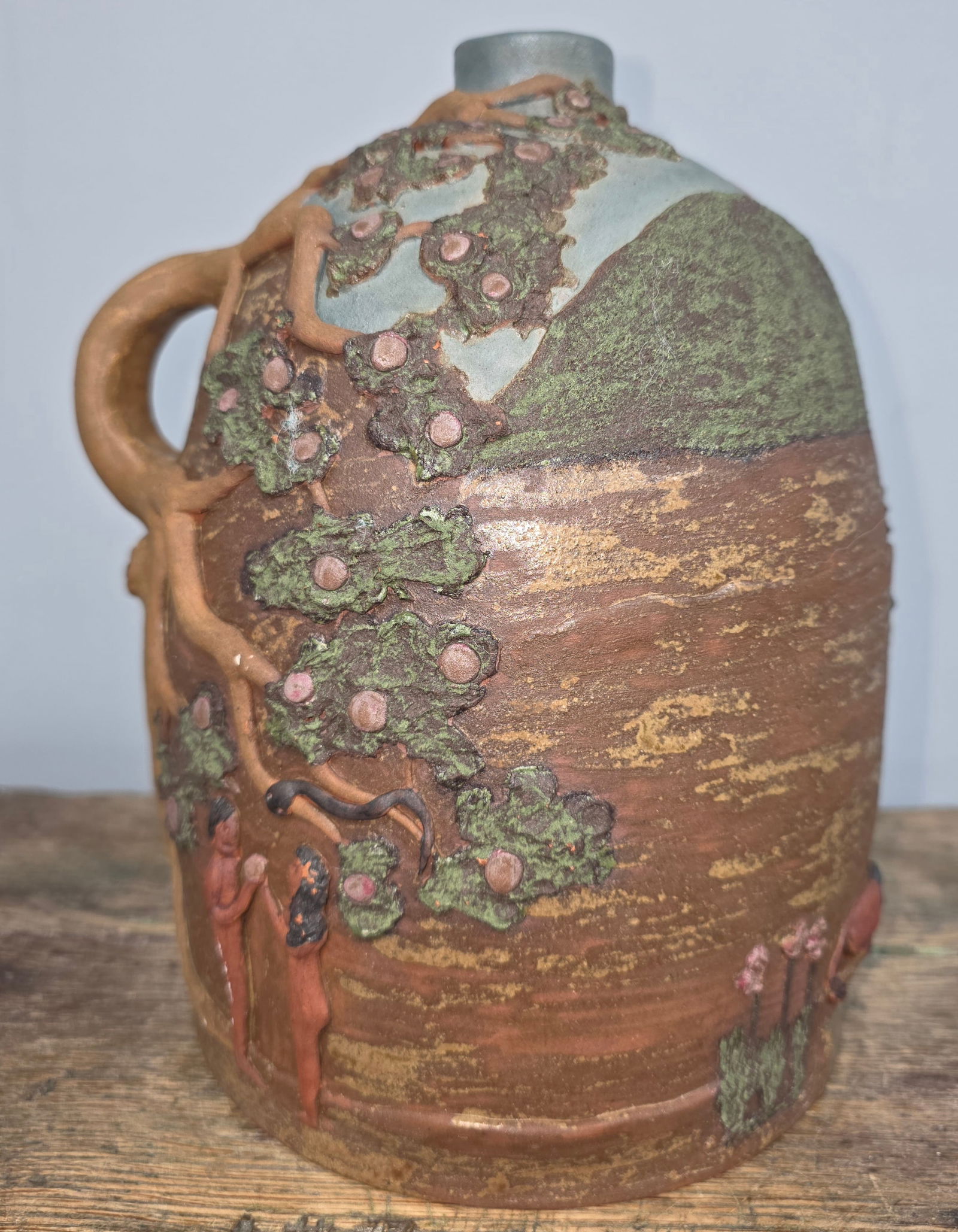Judy Touschstone Garden of Eden Folk Pottery Jug: Judy Touschstone Garden of Eden Folk Pottery Jug. Signed and dated 2006. Standing 9 1/2" tall.