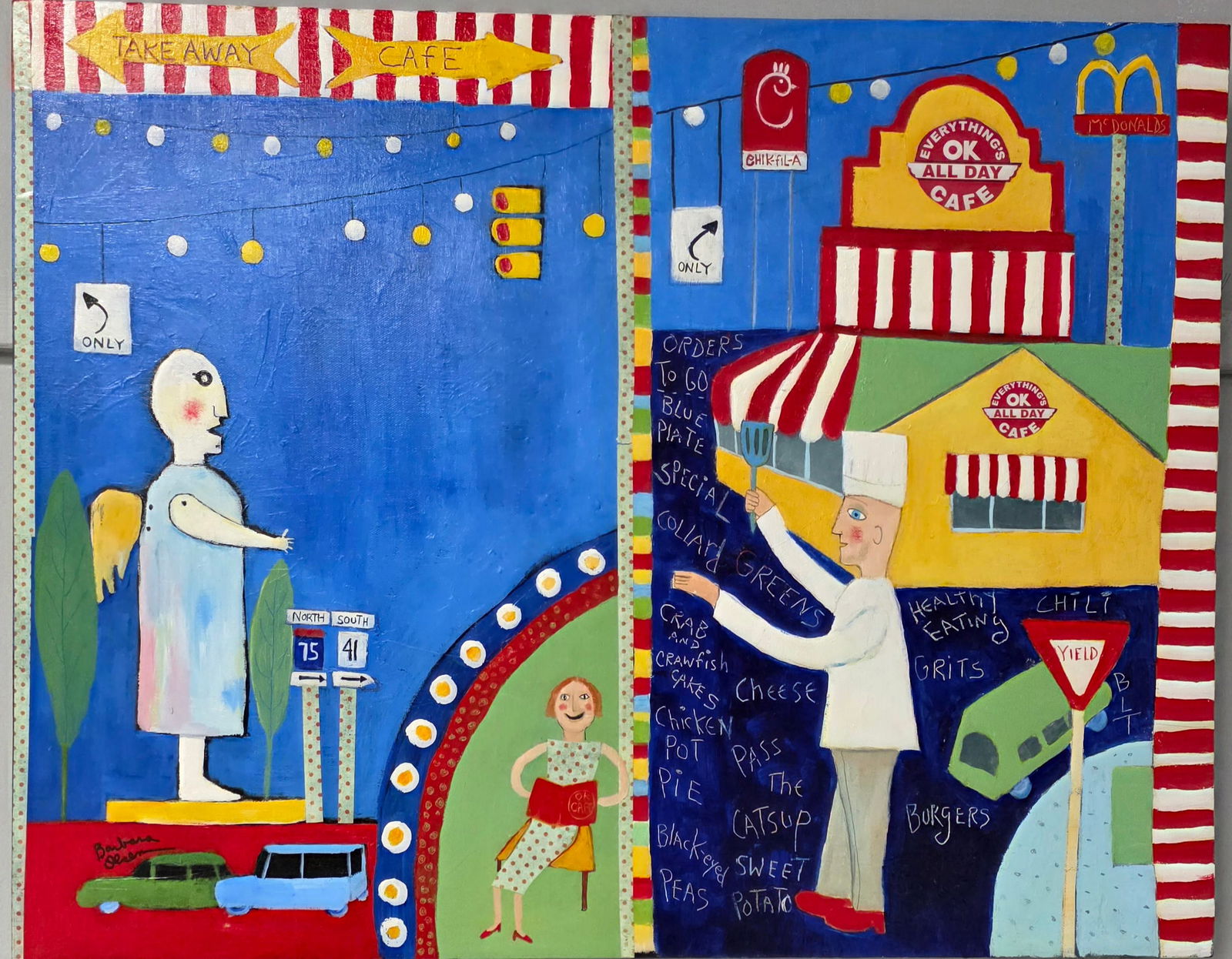 OK Cafe By Barbara Olsen Circa 2008 Painting: OK Cafe By Barbara Olsen Circa 2008 Painting in collector grade condition. Size: 22" x 28' x 1 1/2"