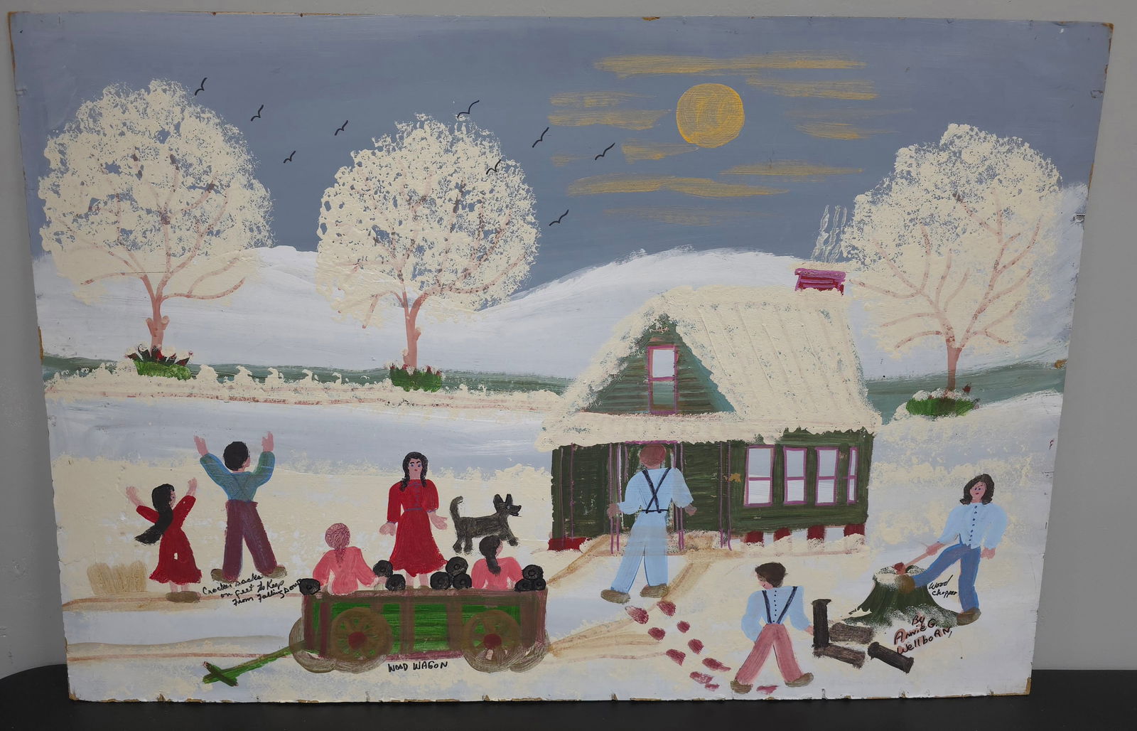 Annie Wellborn Folk Art Painting "Wood Wagon": Outstanding Annie Wellborn Folk Art Painting "Wood Wagon" painting will need to be framed. Collector grade condition. Size: 24' x 36"