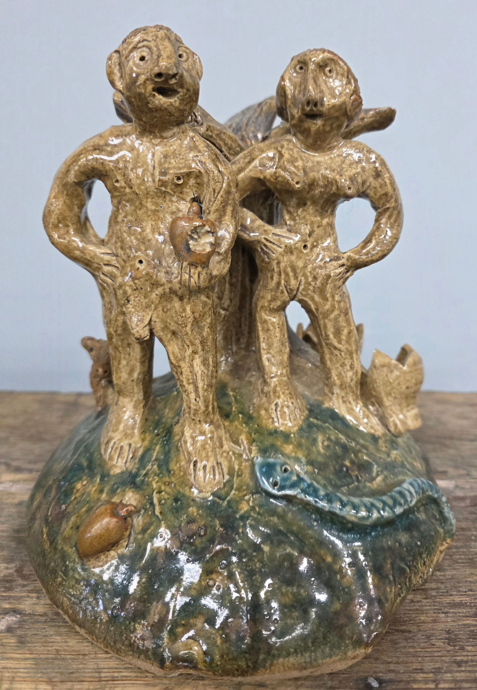 Little Mountain Pottery Folk Adam and Eve Figural: Little Mountain Pottery Adam and Eve, 1999 southern folk pottery figural. Standing 8" tall.