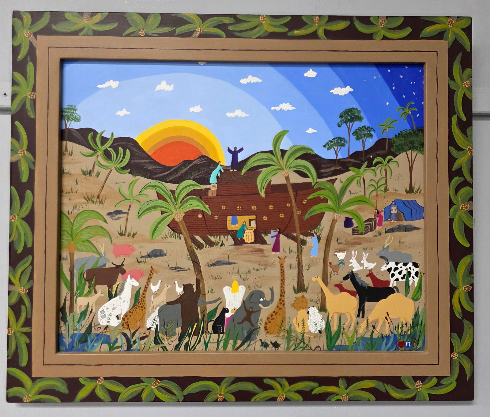 Dorothy Gorham Noah's Ark Folk Art Painting: Dorothy Gorham Noah's Ark Folk Art Painting. Early 2000s exceptional folk art example with vibrant colors. It is signed on the lower right hand corner and is in collector grade condition. Size is