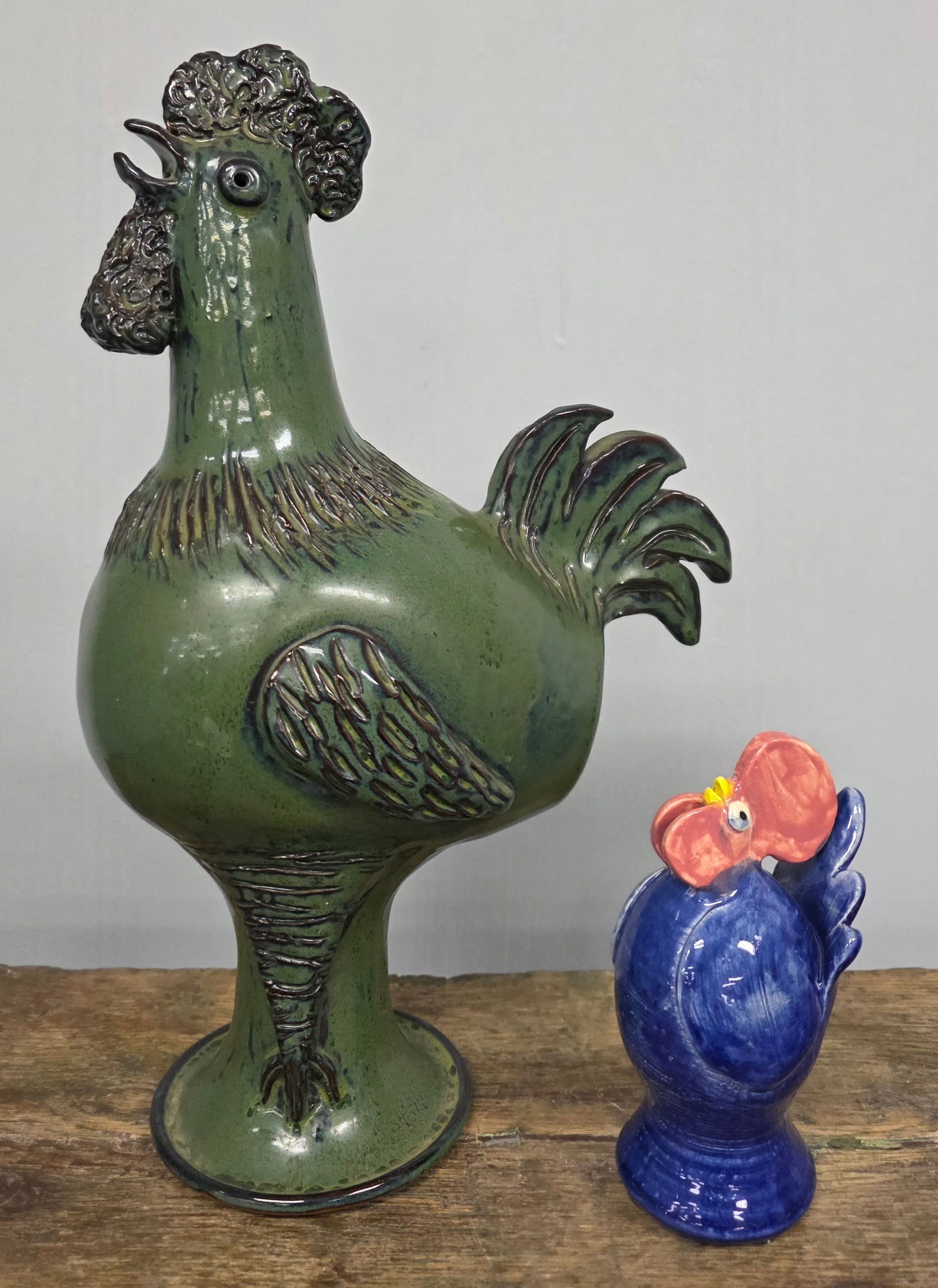 Southern Folk Pottery Rooster Lot of 2: Southern Folk Pottery Rooster Lot of 2. 1- Steve Turpin signed rooster, standing 5 1/2" tall. 2- 2003 North Oak Pottery rooster, standing 13 5/8" tall. Both are in collector grade condition with no ch