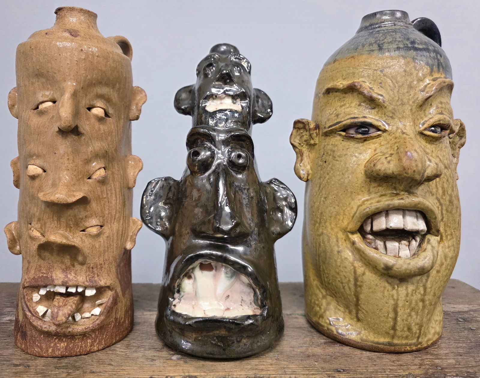Folk Pottery Face Jug Lot of Three (1 of 4)