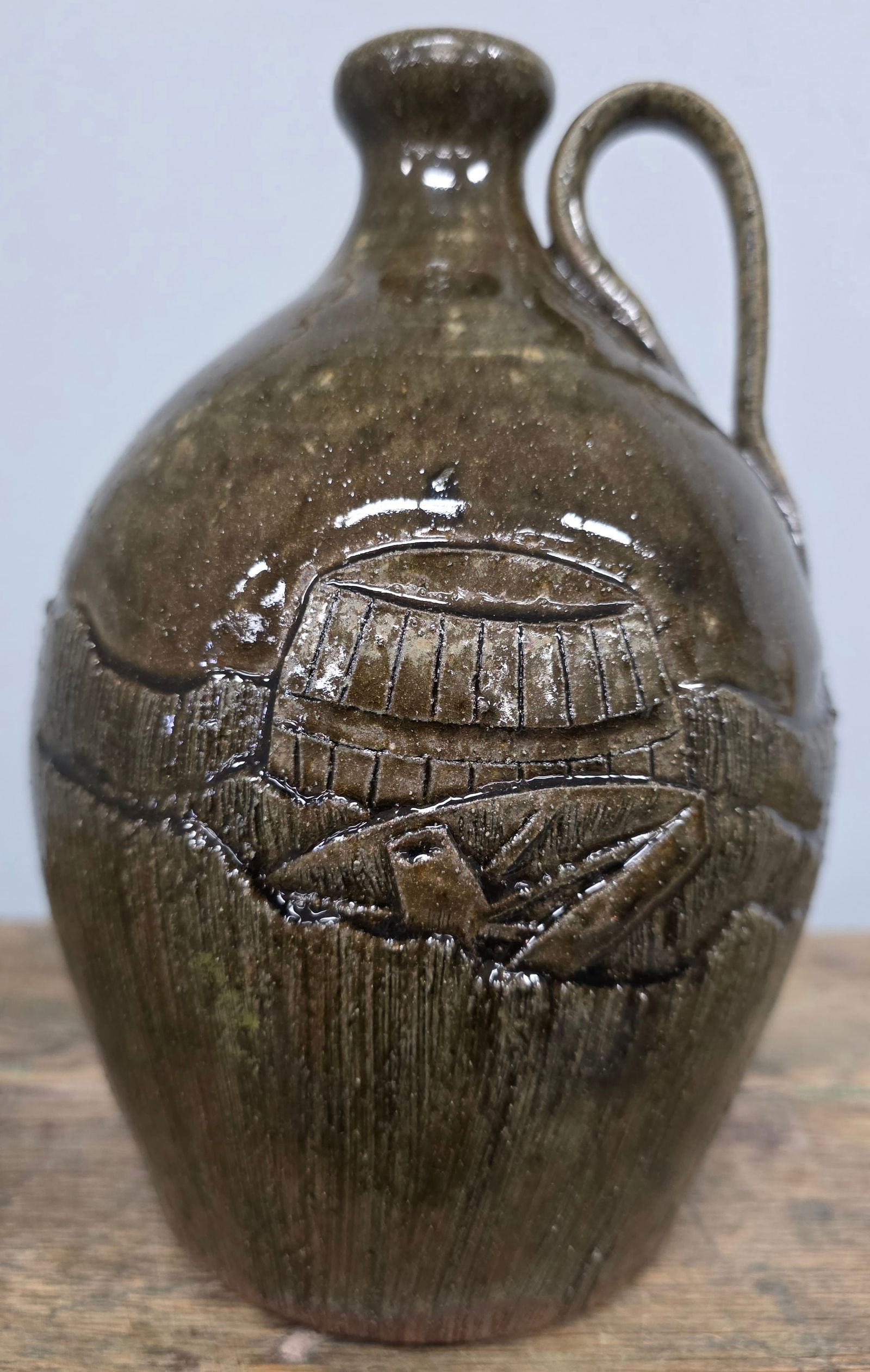 Michael-Melvin Crocker 1/2 Gallon Farm Scene Jug: Michael-Melvin Crocker Decorated Farm Scene Half Gallon Jug. Standing 8" tall.