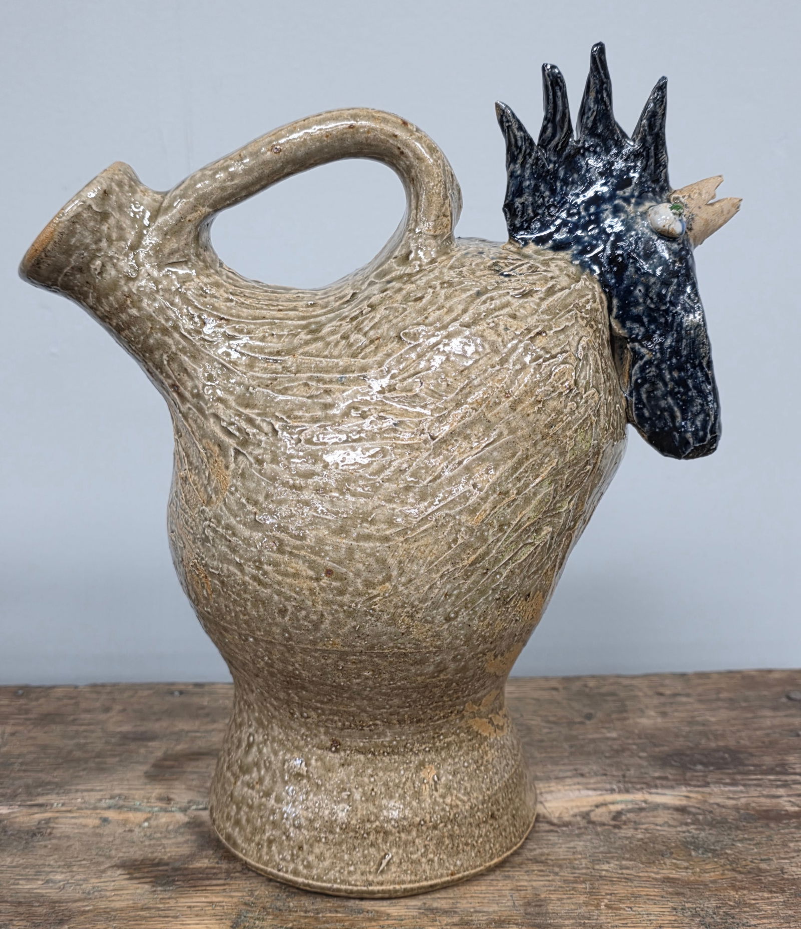 Signed Jerry Brown Folk Pottery Rooster Pitcher: Signed Jerry Brown Folk Pottery Rooster Pitcher that is in collector grade condition. No damage or repairs. Standing: 11 3/4" Tall