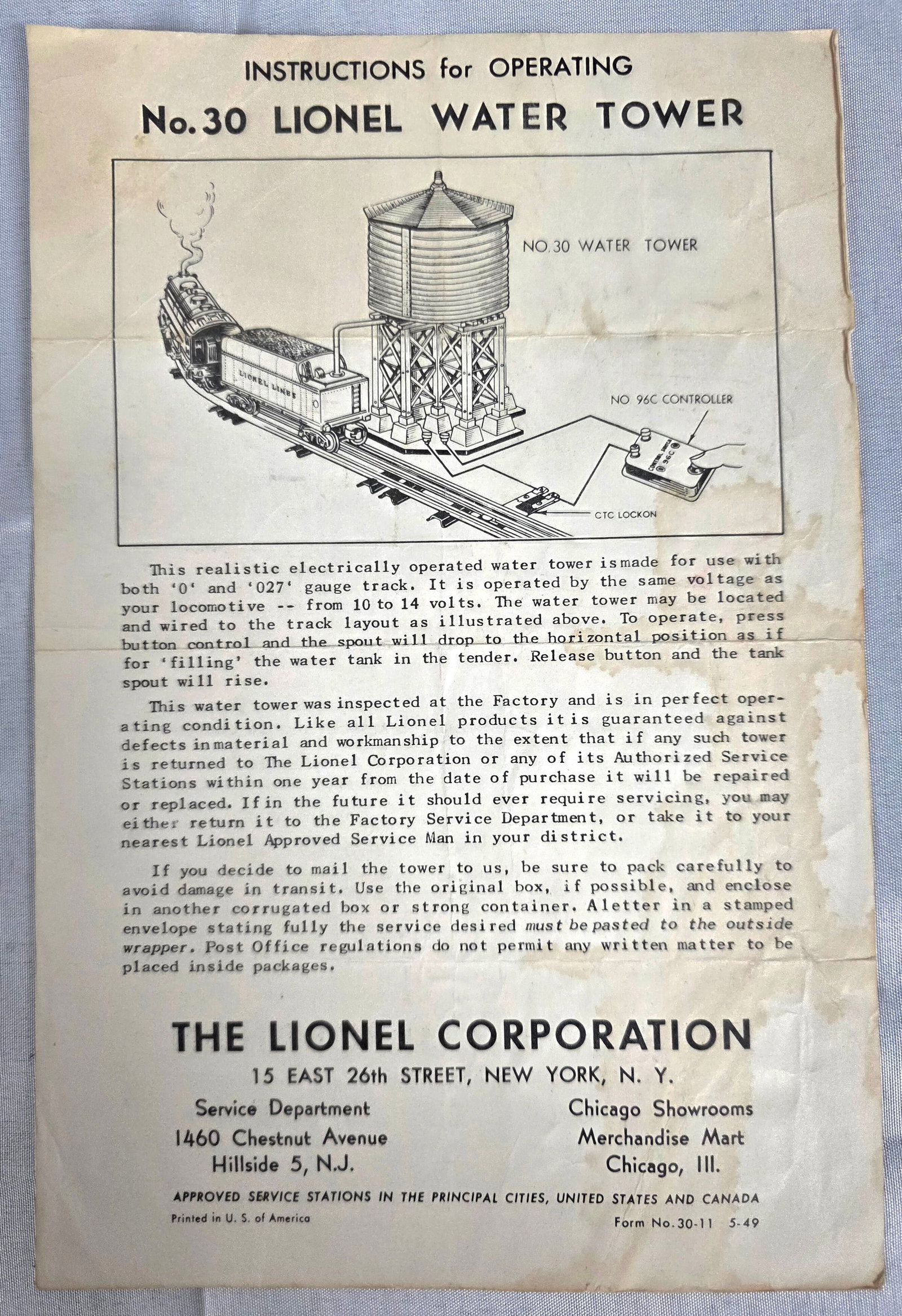 Lionel Postwar #30 Water Tower Instruction Manual (1 of 1)