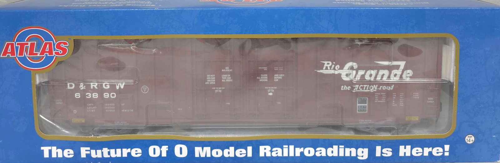 Atlas 60'Ft Burwick High Cube Rio Grande Boxcar: Atlas 8624-7, 60'Ft Burwick High Cube Rio Grande 63890 Boxcar 3-Rail in C-10, (New in Box)