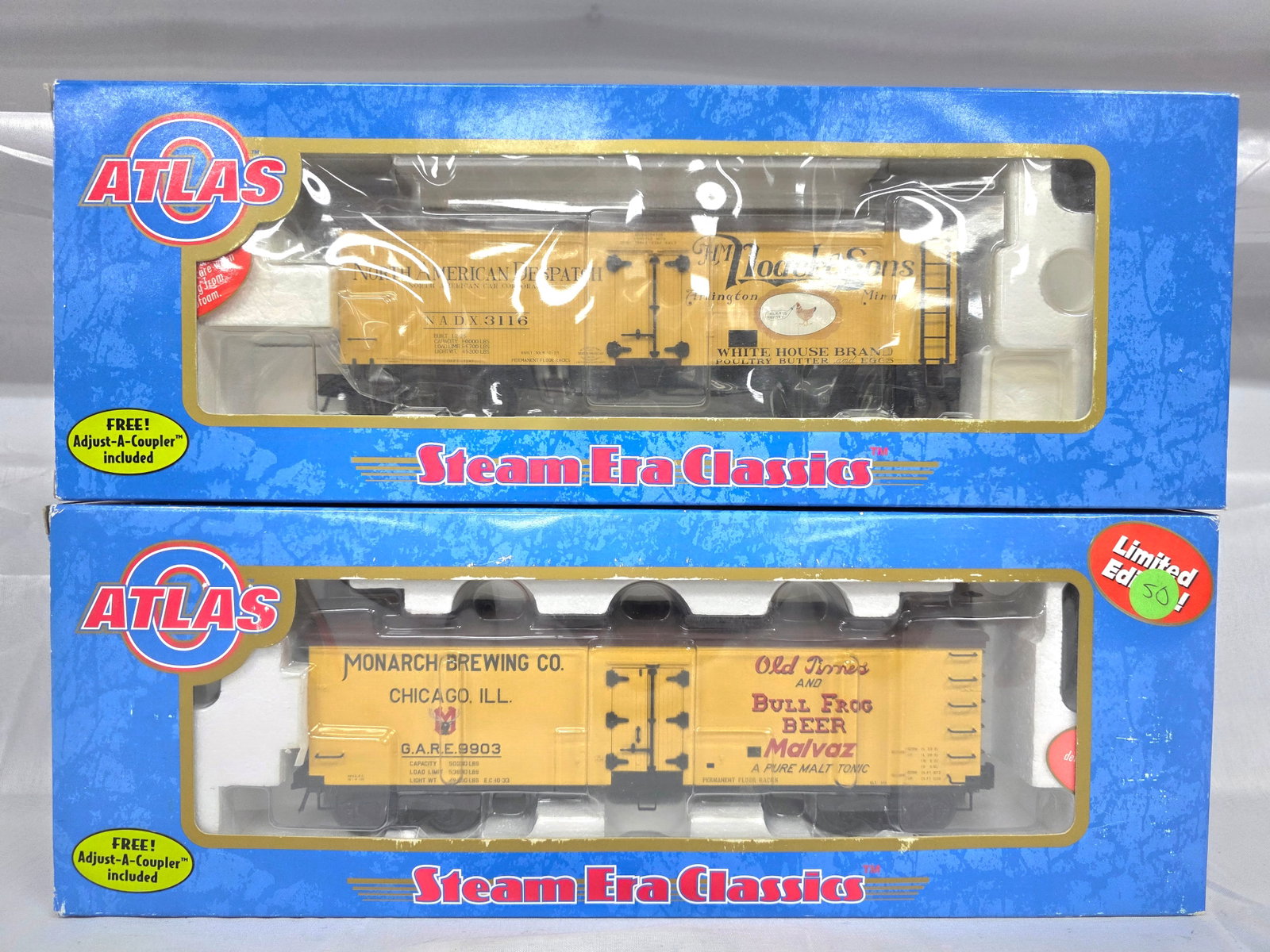 Atlas 36' Wood Reefer Car Lot of 2: Atlas 36' Wood Reefer Car Lot of 2. 1-8042-1 36' Wood Reefer Car (H.M. Noack #3116). C-9+. 2-8140-4 Limited Edition 40' Wood Reefer Car (Monarch Brewing Company #9903). C-9+.