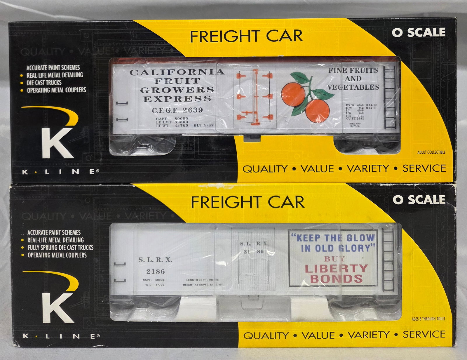 K-Line O Scale Reefer & Boxcar Lot of 2 (NIB) (1 of 2)