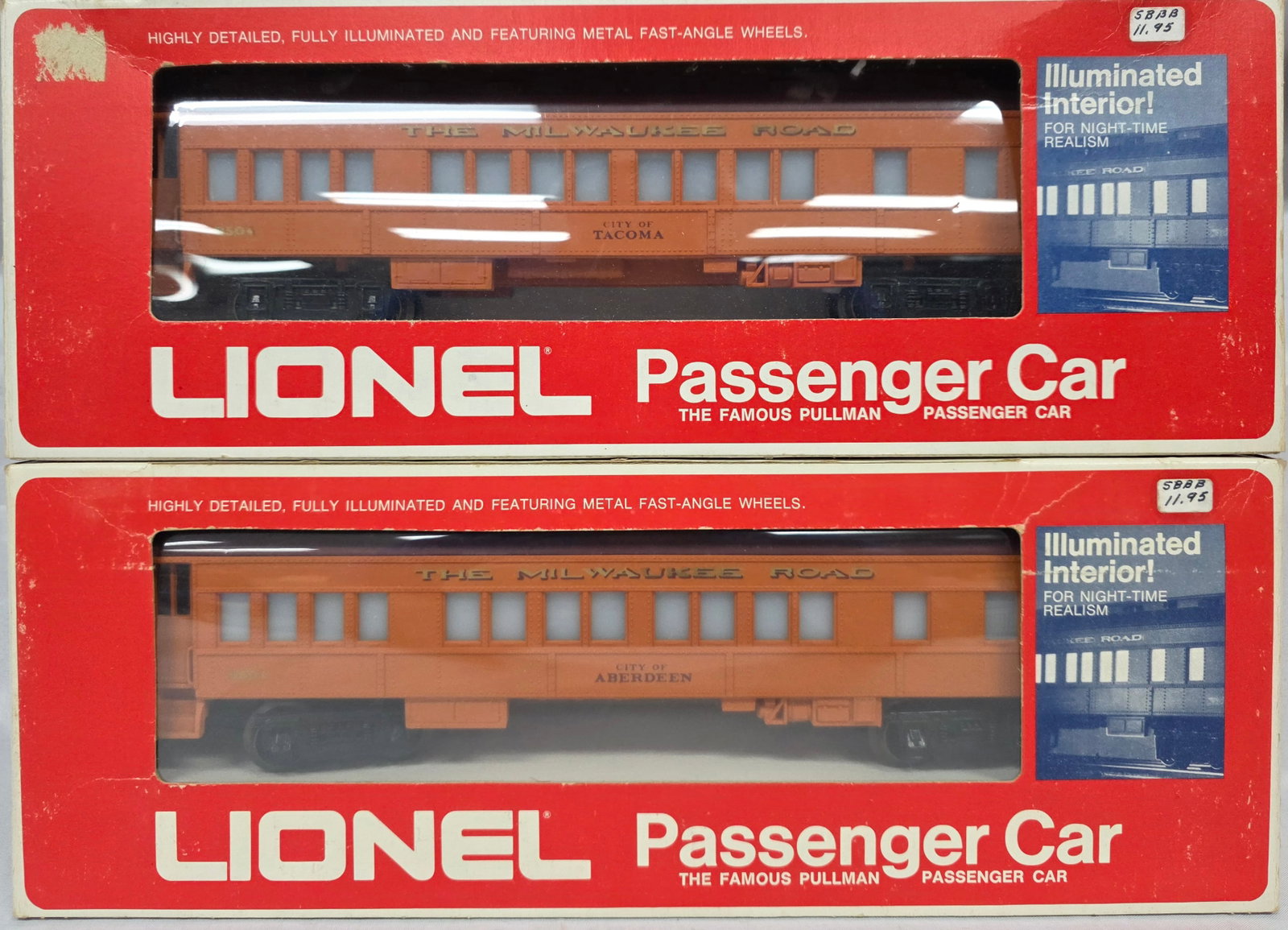 Lionel Passenger Car Lot of 2 (NIB): Lionel Passenger Car Lot of 2 (NIB). 1. 6-9501 Milwaukee Road Aberdeen Passenger Car, C-10. 2. 6-9504 City of Tacoma Passenger Car, C-10. Boxes are both in very good condition.