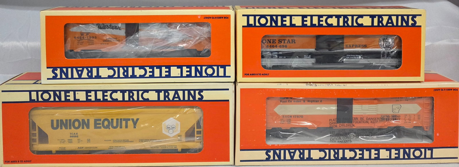 Lionel Freight Car Lot of 4 (NIB): Lionel Freight Car Lot of 4 (NIB). All C-10 condition. 1. 6-17870 1987 LCCA (Lionel Collectors Club of America) Convention Car. 2. 6-19963 1992 TTOS (Toy Train Operating Society) Convention Car. 3. 6-
