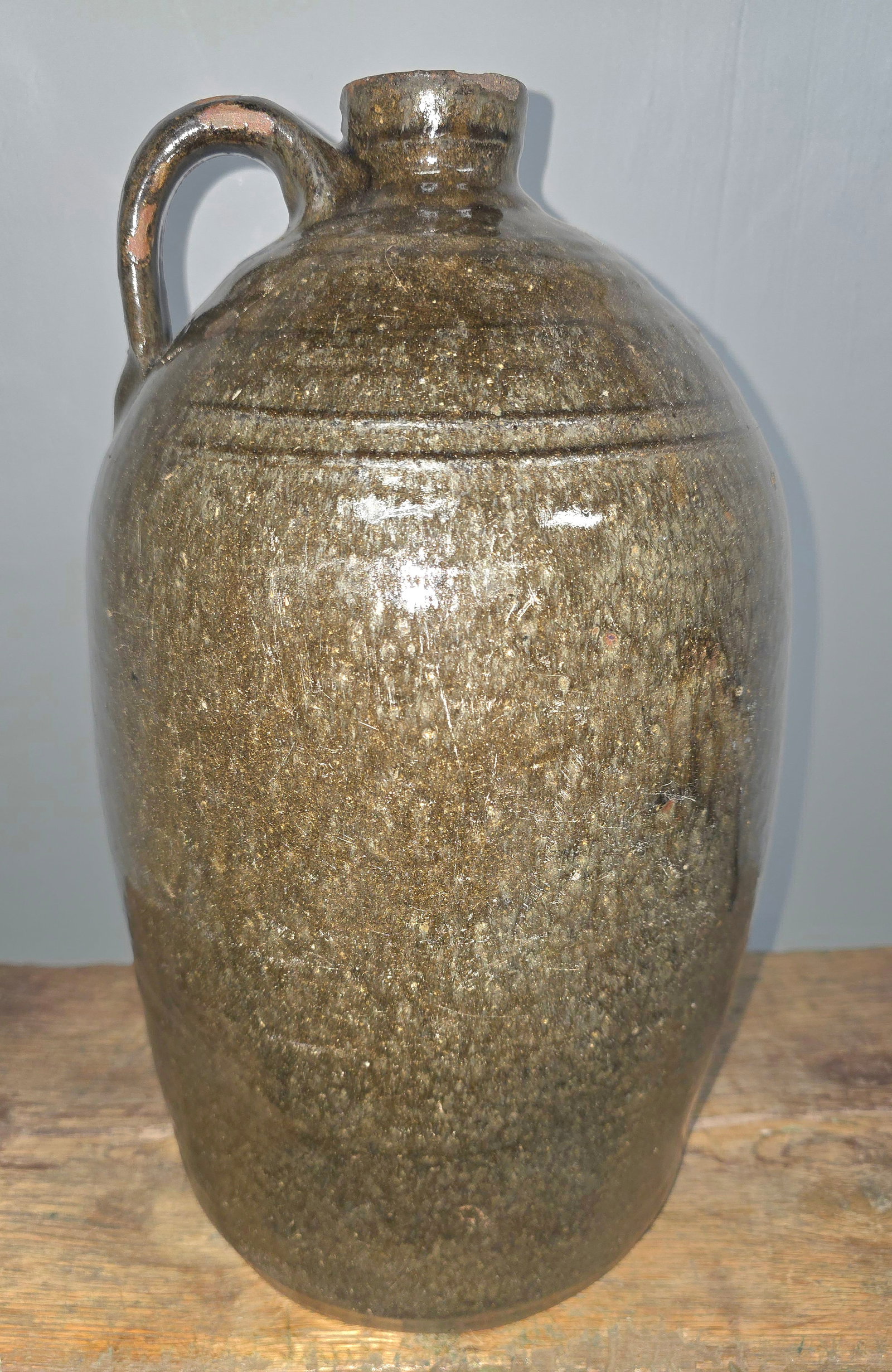 Fine 1870-80s Paulding Co. GA 2gal Jug: Fine 1870-80s Paulding County Georgia Two Gallon Jug that has a fantastic, modified lime alkaline glaze with two concentric line decoration. These examples are extremely difficult to surface as many o