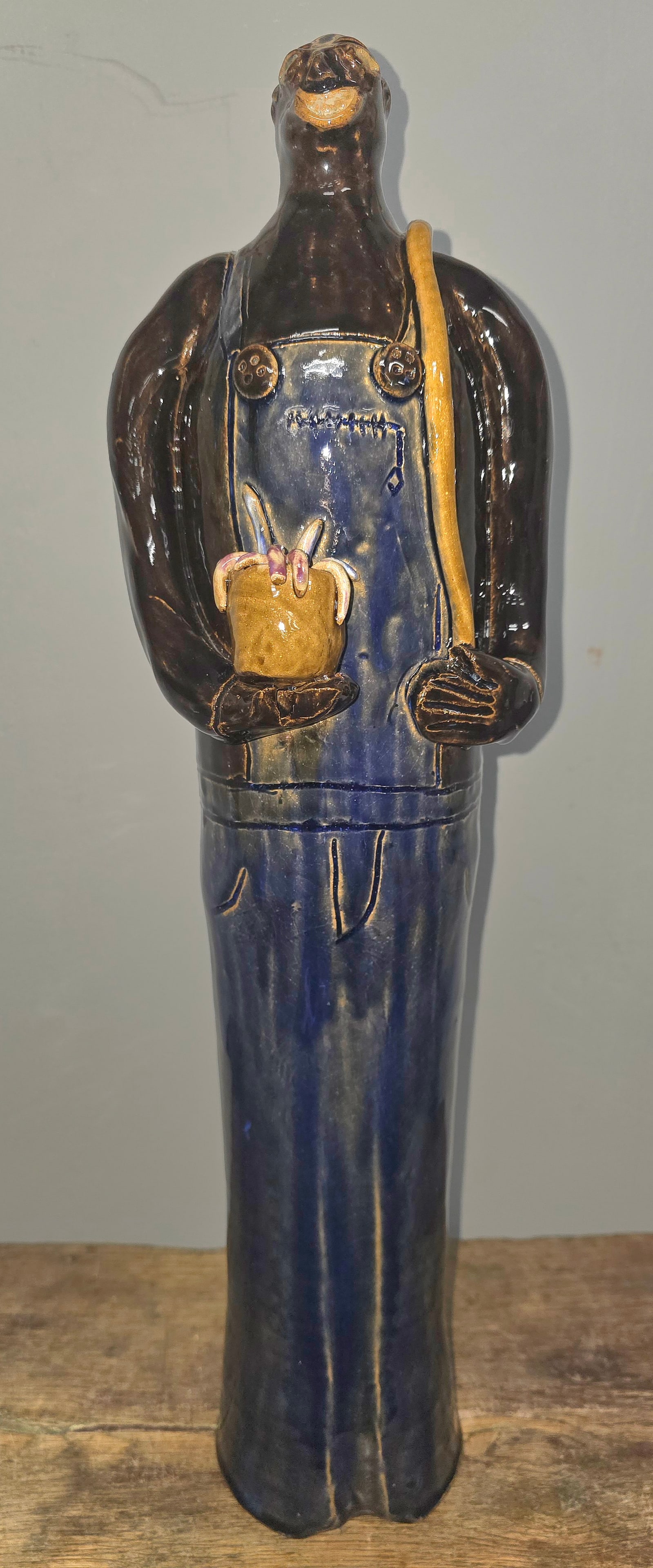 Claude Miller-Ram Pottery Black Fisherman Figural: 2002 Claude Miller-Ram Pottery Black Fisherman Southern Folk Pottery Figural, signed on base and is in collector grade condition. Standing: 20" Tall