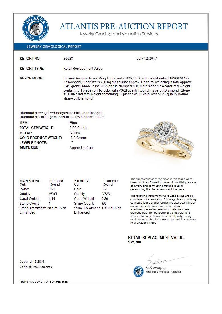 2 CTW Certified VS/SI Diamond Solitaire Halo Ring 18K: 26628 - REF-509X5T ---- 2 CTW Certified VS/SI Diamond Solitaire Halo Ring 18K Yellow Gold ---- Luxury Designer Brand Ring Appraised Retail Price at $25,200 ---- SKU Number US26628 18k Yellow gold Ring