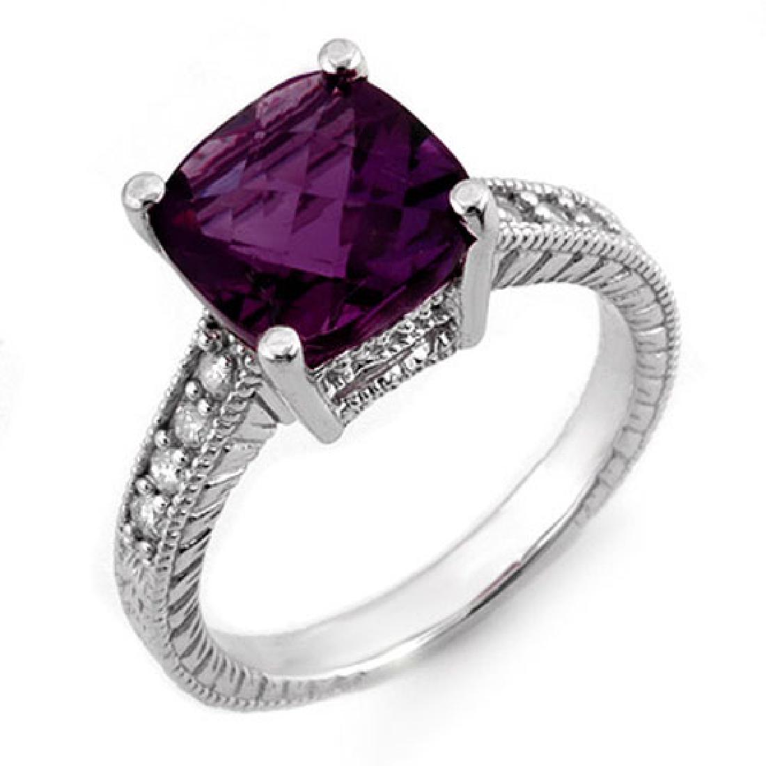 3.75 CTW Amethyst & Diamond Antique Ring 18K White Gold: REF-63A6X -10604 ---- 3.75 CTW Amethyst & Diamond Antique Ring 18K White Gold ---- Luxury Designer Brand Ring Appraised at $4,550 Certificate Number US10604 18k White gold, Ring Size is 6.75, Ring mea