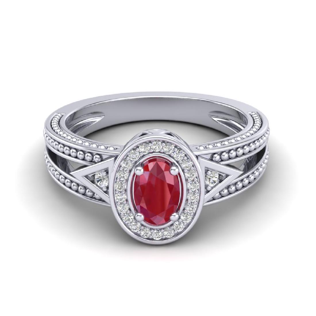 0.83 CTW Ruby & VS/SI Diamond Designer Solitaire Halo: REF-25A8X -20838 ---- 0.83 CTW Ruby & VS/SI Diamond Designer Solitaire Halo Fashion Ring 10K White Gold ---- Luxury Designer Brand Ring Appraised at $1,700 Certificate Number US20838 10k White gold, R