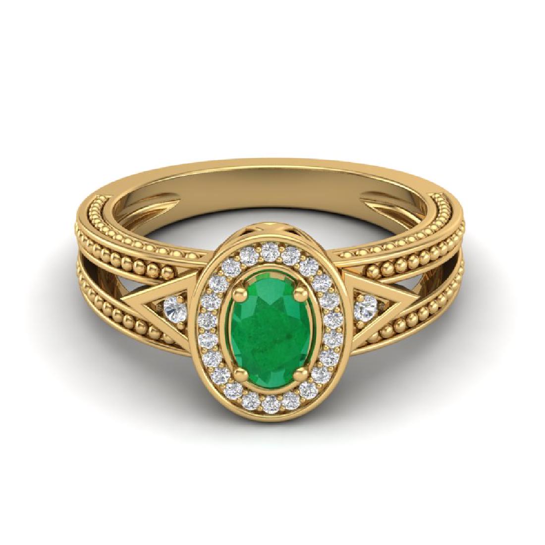 0.83 CTW Emerald & VS/SI Diamond Solitaire Halo Fashion: REF-25Y8K -20837 ---- 0.83 CTW Emerald & VS/SI Diamond Solitaire Halo Fashion Ring 10K Yellow Gold ---- Luxury Designer Brand Ring Appraised at $1,700 Certificate Number US20837 10k Yellow gold, Ring 