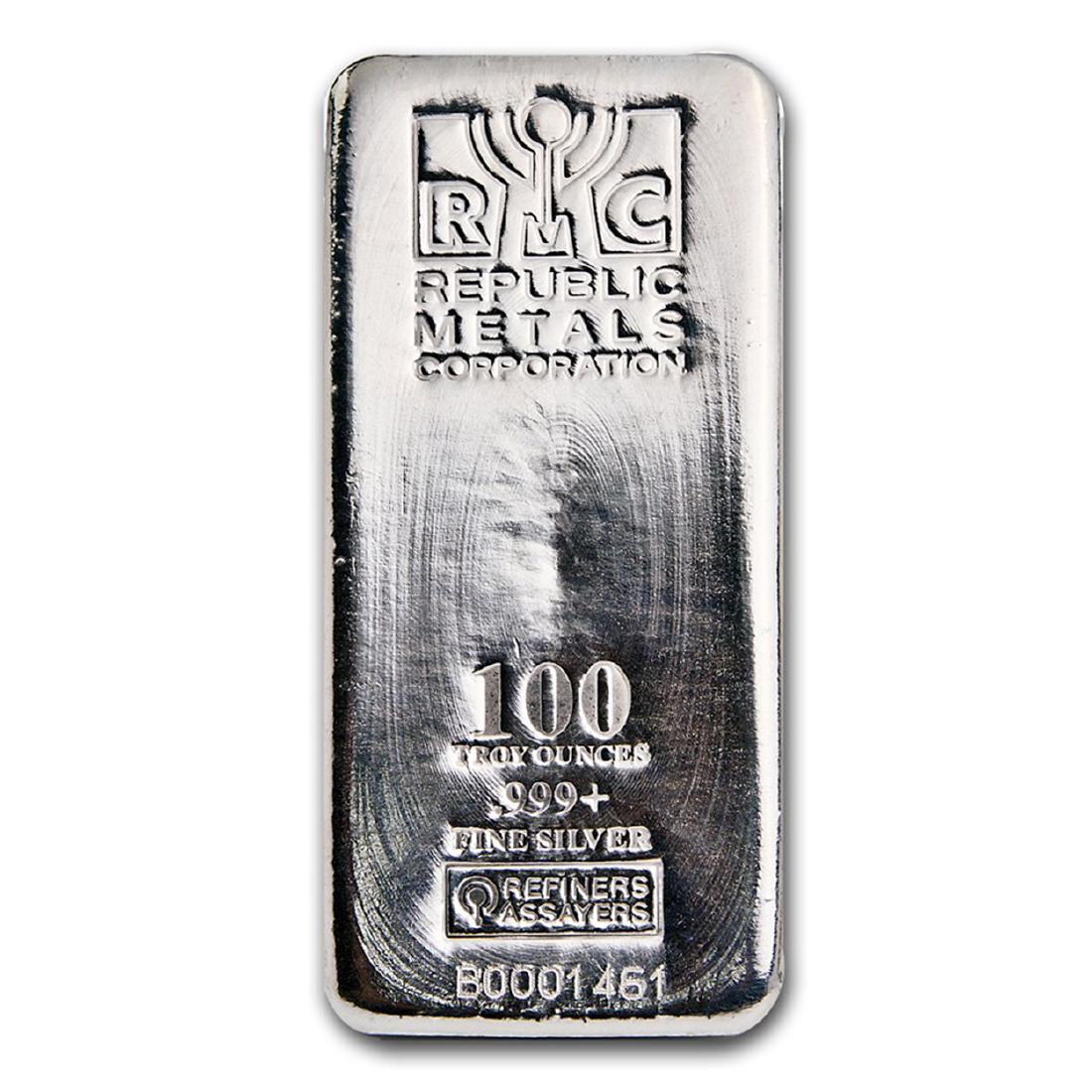 One piece 100 oz 0.999 Fine Silver Bar Republic Metals: SKU: 84703 ---- One piece 100 oz 0.999 Fine Silver Bar Republic Metals CorporationUS Jewelry Liquidation welcomes you to our sought-after auction. With more than 55 years in the fine jewelry liquidati