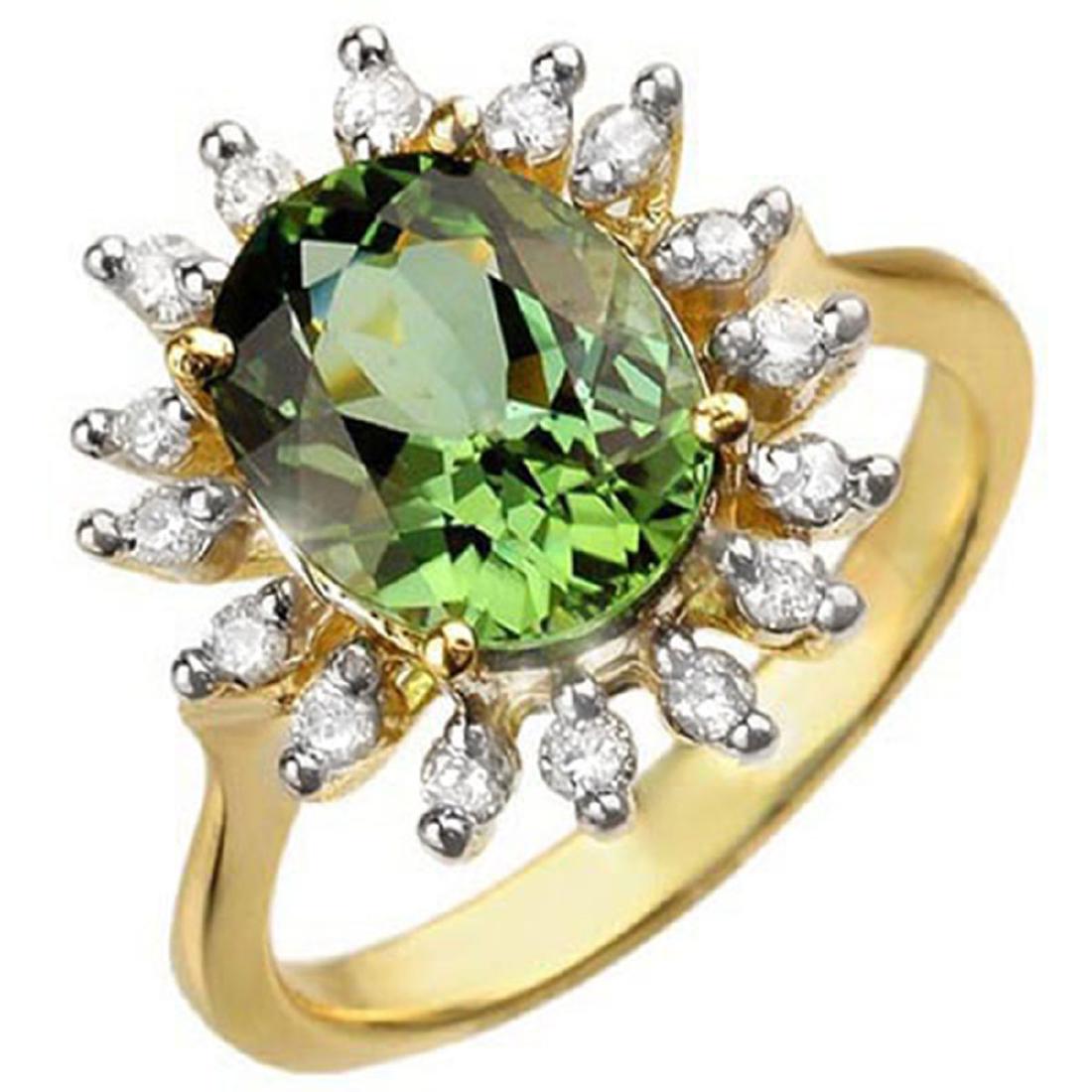 3.40 CTW Green Tourmaline & Diamond Ring 10K Yellow: REF-78G9N - SKU:10800 ---- 3.40 CTW Green Tourmaline & Diamond Ring 10K Yellow GoldUSGEMZ Designer Brand Luxury Jewelry, made in the USA USGEMZ Suggested Retail Price: $6,100 Factory offers perfect fa