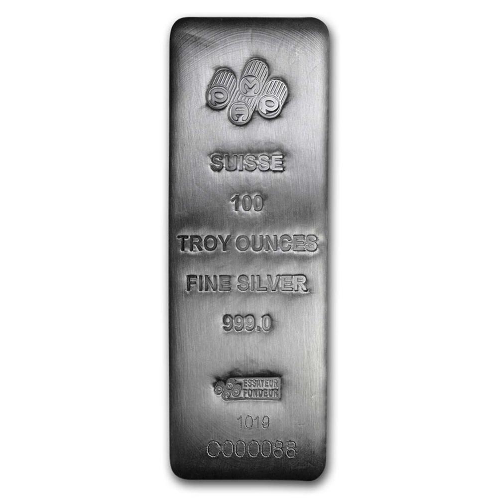 One piece 100 oz 0.999 Fine Silver Bar PAMP Suisse -: SKU: 196345 ---- One piece 100 oz 0.999 Fine Silver Bar PAMP Suisse US Jewelry Liquidation welcomes you to our sought-after auction. With more than 55 years in the fine jewelry liquidation, our staff