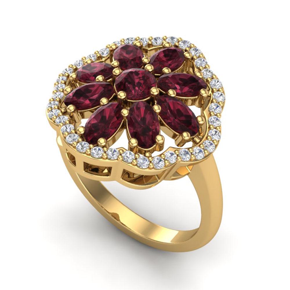 3 ctw Garnet & VS/SI Diamond Cluster Designer Ring 10k: REF-49M3G - SKU: 20783 ---- 3 ctw Garnet & VS/SI Diamond Cluster Designer Ring 10k Yellow Gold Designer Brand Luxury Jewelry, made in the USA Suggested Retail Price: $4,200 Factory offers perfect fact