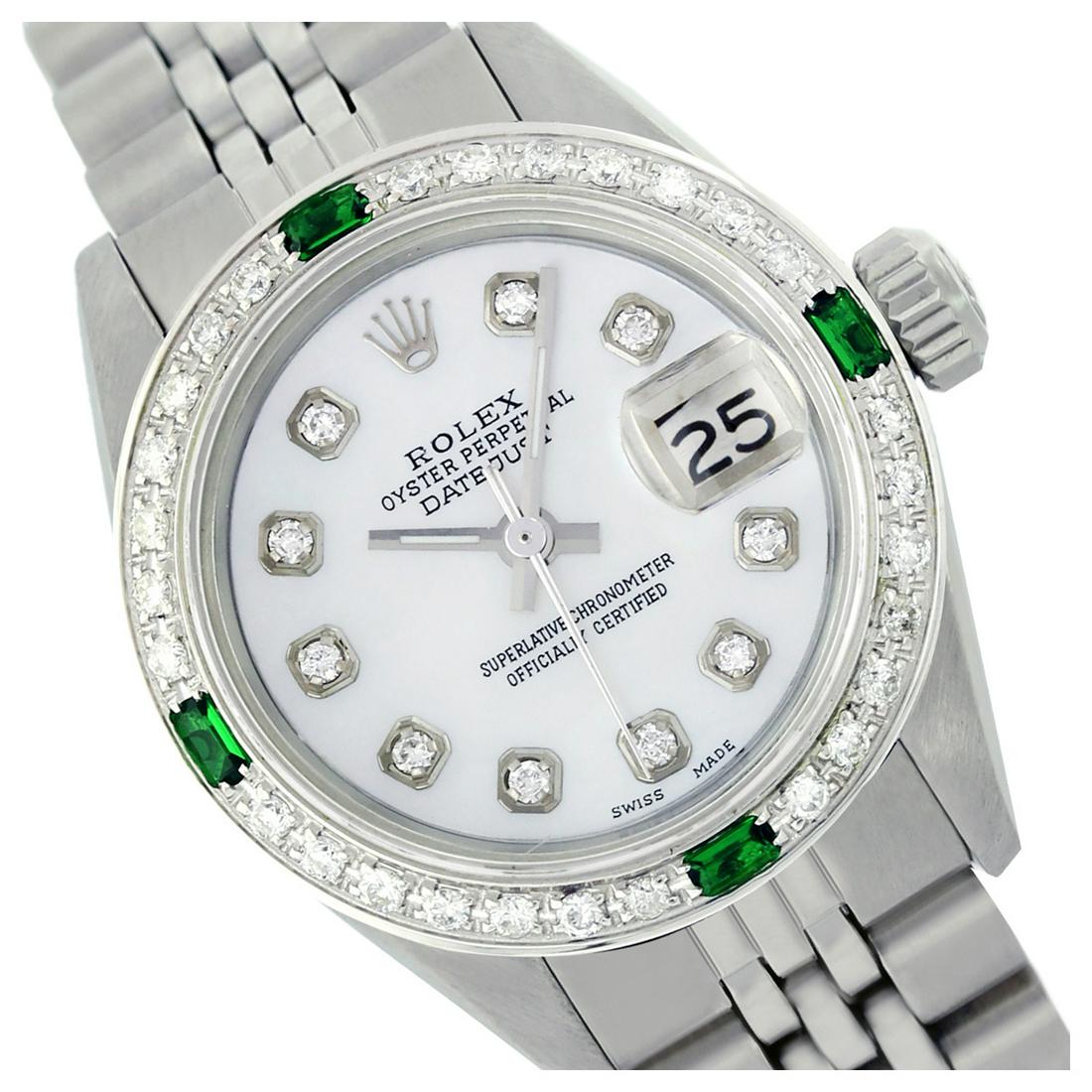 Rolex Ladies Stainless Steel, Diam Dial & Diam/Emerald: Rolex Ladies Stainless Steel, Diam Dial & Diam/Emerald Bezel, Sapphire Crystal This watch is in Excellent Condition. Newly serviced & Polished to Factory specifications. Prepetual, Self-Winding moveme