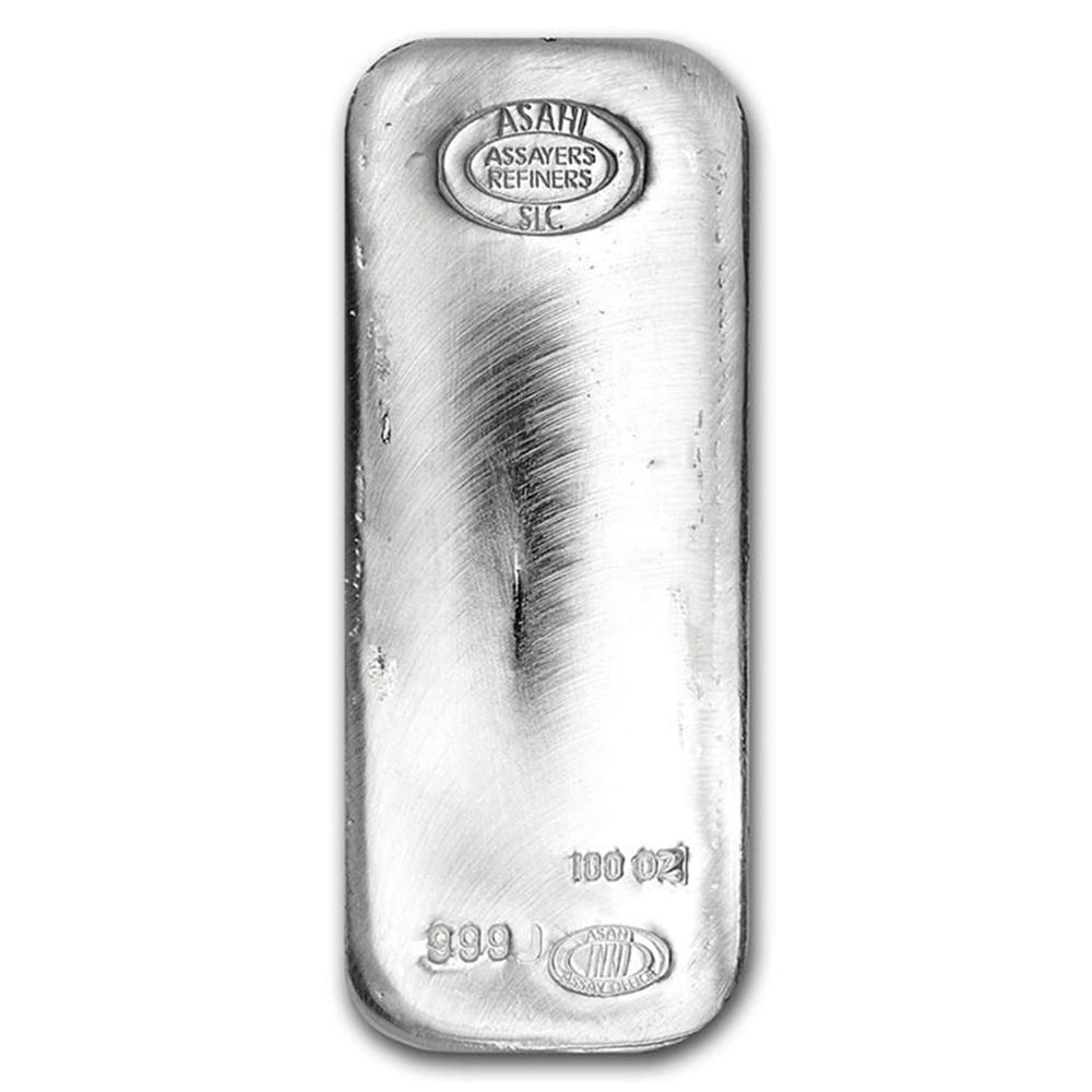 One piece 100 oz 0.999 Fine Silver Bar Asahi - 90500: SKU: 90500 ---- One piece 100 oz 0.999 Fine Silver Bar Asahi US Jewelry Liquidation welcomes you to our sought-after auction. With more than 55 years in the fine jewelry liquidation, our staff offers