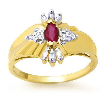 Genuine 0.22 ctw Ruby & Diamond Ring 10K Yellow Gold: Genuine 0.22 ctw Ruby & Diamond Ring 10K Yellow Gold * MSRP $560 ---- Diamond: 2 Round cut @ 0.02 ctw---- Clarity: SI-I---- Color: H-K----Gemstone: Natural Ruby----Gemstone color: Red----Gemstone qual