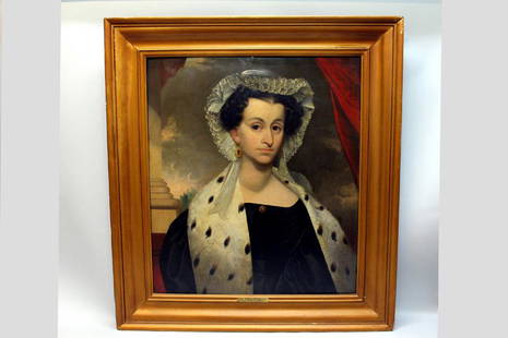 Ezra Ames (Am. 1768-1836) Portrait Of A Woman: Early 19th century unsigned portrait attributed to Ezra Ames with brass name plate on frame indicating this to be from the Van Scoy collection by Ezra Ames. Unknown sitter but obviously very prominent