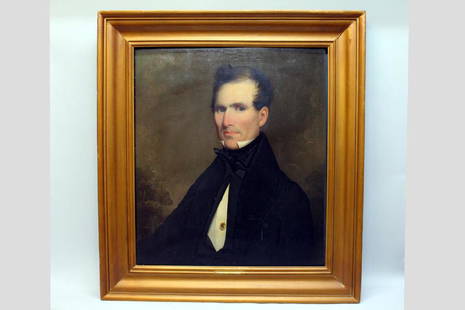 Ezra Ames (Am. 1768-1836) Portrait Of A Gentleman: Early 19th century unsigned portrait attributed to Ezra Ames and in the same manor as lot 2 with the same measurments so we assume this to be her husband and painted nearly at the same time. Name plat