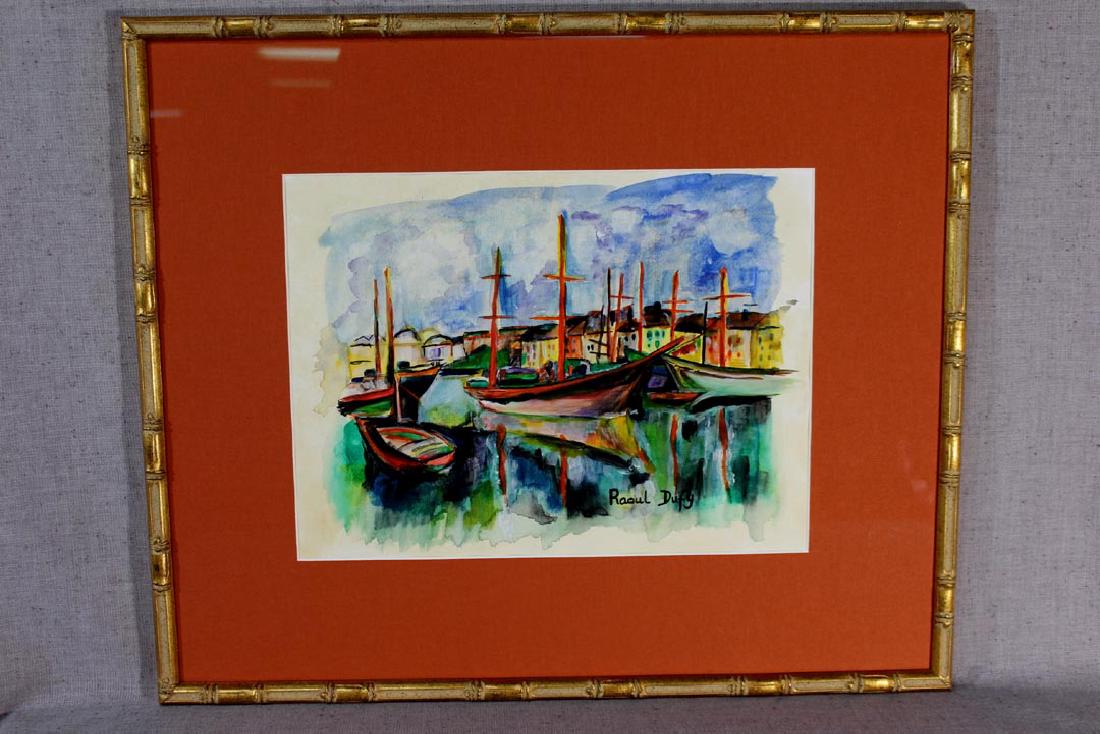 Raoul Dufy Original Water Color: Raoul Dufy (French 1877-1953) was the brother of Jean Raoul. Water color of docked boats with a row of buildings in the background. Signed lower right. Opening size 15 1/4" x 11 1/2" H in gold frame m
