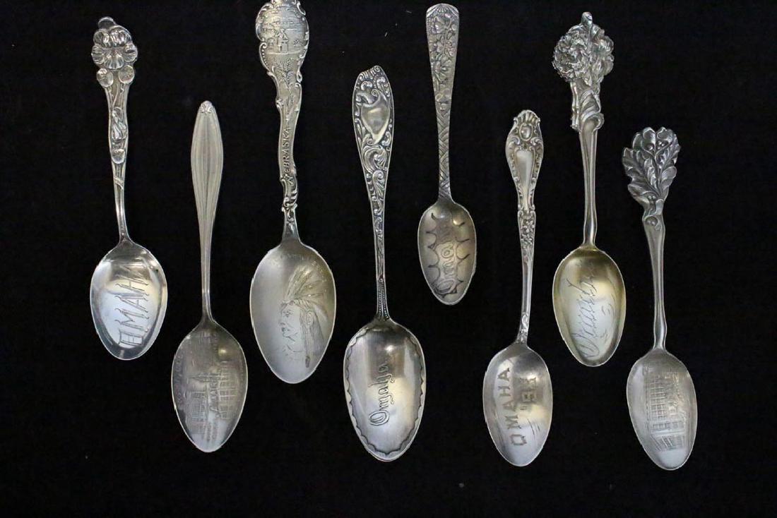 8 Omaha Sterling Souviner Spoons: 5" with floral stem and "Omaha" in the bowl by Manchester. 5" with Court House, Auditorium and Post Office in the bowl by Weidlich. 5 1/2" with Nebraska Seal and "Nebraska" on the stem and Chief Omaha