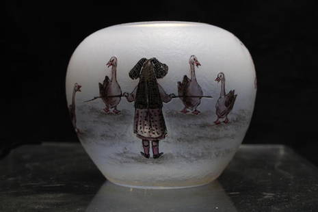 Daum Nancy Miniature Cameo Vase: Enamel decorated vase with a Goose Girl herding four geese and two geese are on the back. Signed "Daum Nancy" on the polished pontil. 2 1/2" diameter x 2" high. Very good detail throughout and very