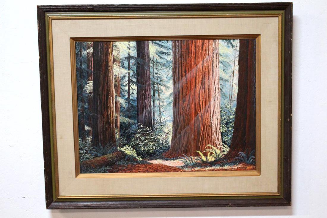 Kerry Kinman (1946 - 2008) Oil On Canvas: Painting of a forest with the sun rays filtering through the trees. Signed lower right. 24" x 18" in frame measuring 33" x 27" high. Very good condition.