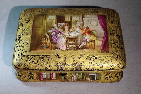 Large Hand Painted Sevres Box: Magnificent size and quality Sevres porcelain box with a hand painted interior scene of two couples dining. Signed Hete on left wall mopboard. Each of the four sides have elaborate gold decoration ove